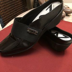 Anne Klein black Patent leather slides wedge heel